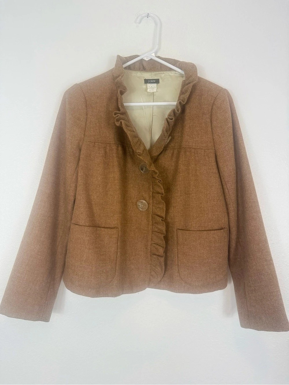 J.Crew Fiona Ruffle Trim Jacket Blazer 100% Wool Brown Lined No Size Tag
